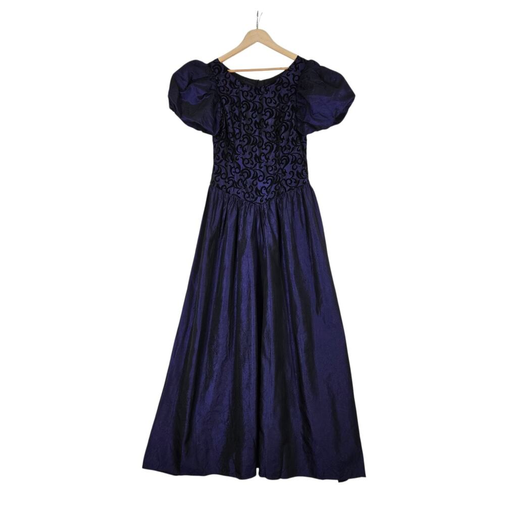 Vintage 80s Simco Formalwear Dress 10 Purple Black Puff Sleeve Maxi Gown